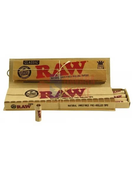 Сигаретная бумага RAW SLIM KS + PREROLLED TIPS CONNOISSEUR (24пач х32лист+30 фильтров) 