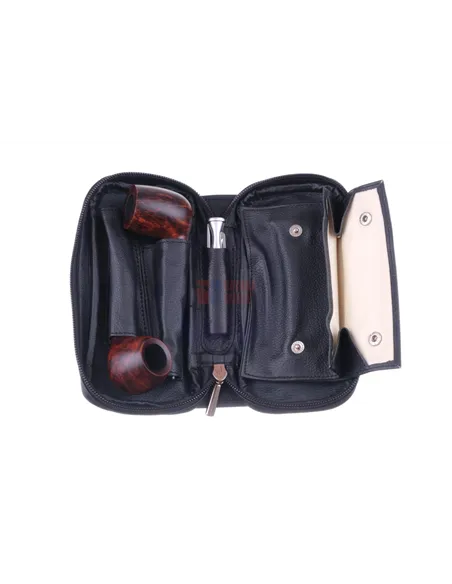 Сумка P&A для 2 трубок и табака, натуральная кожа, подарочная упаковка, черная