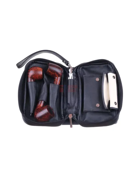 Сумка P&A для 3 трубок и табака, натуральная кожа, подарочная упаковка, черная